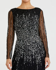 Black High Neck Sequin Embellished Long Sleeve A Line Gown