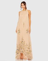 Beige High Neck Floral Embellished Trapeze Gown