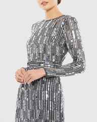 Gray Embellished High Neck Long Sleeve Fitted Dress