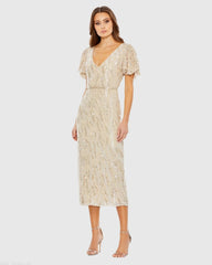 Sequined V Neck Flutter Sleeve Tea Length Dress