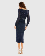 Navy Sequined V Neck Bishop Sleeve Dress
