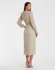 Beige Sequined V Neck Bishop Sleeve Dress