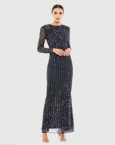 Navy Embellished High Neck Illusion Long Sleeve Gown