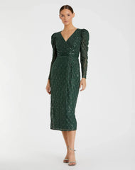Green Beaded Lace Long Sleeve Midi Dress