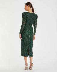 Green Beaded Lace Long Sleeve Midi Dress