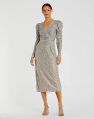 Silver Beaded Lace Long Sleeve Midi Dress