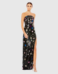 Black Floral Embellished Strapless Column Gown