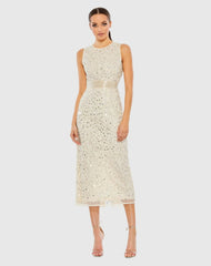 Beige Geometric Embellished Sleeveless Sheath Dress