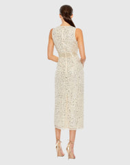 Beige Geometric Embellished Sleeveless Sheath Dress