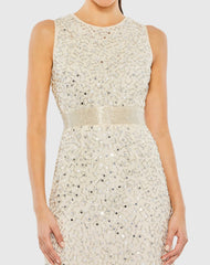 Beige Geometric Embellished Sleeveless Sheath Dress