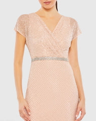 Pink Beaded Wrap V-Neck Cap Sleeve Dress
