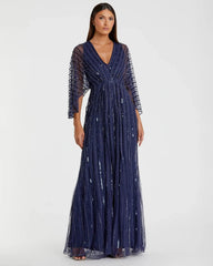 Navy Beaded Striping Kimono Sleeve V Neck Gown