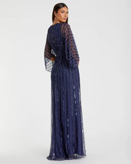 Navy Beaded Striping Kimono Sleeve V Neck Gown