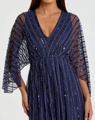 Navy Beaded Striping Kimono Sleeve V Neck Gown