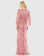 Pink Beaded Striping Kimono Sleeve V Neck Gown