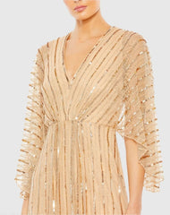 Beige Beaded Striping Kimono Sleeve V Neck Gown