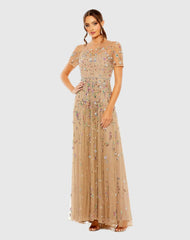 Beige Sleeve High Neck Embellished Sequin Detail A-Line Gown