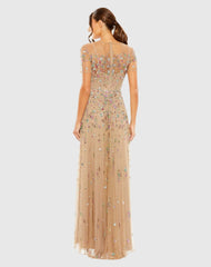 Beige Sleeve High Neck Embellished Sequin Detail A-Line Gown