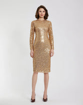 Gold Beaded Georgette Long Sleeve Fitted Midi Dress