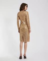 Gold Beaded Georgette Long Sleeve Fitted Midi Dress