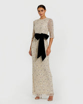 Ivory Embellished Evening Gown with Velvet Bow