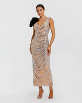 Silver Nude Sequin Cowl Midi Dress with Velvet Flower