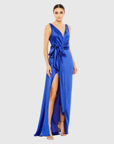 Blue Sleeveless Self Tie Draped Gown w/ Overlay Train