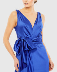 Blue Sleeveless Self Tie Draped Gown w/ Overlay Train