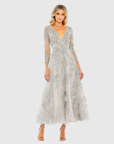Silver Embellished Wrap Over 3/4 Sleeve Dress