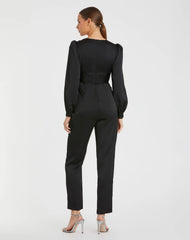 Black Front Twist Puff Sleeve Deep V Jumpsuit
