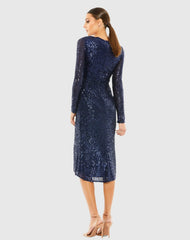 Navy Long Sleeve Midi Sequin Dress