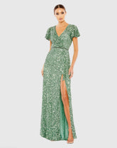 Green Sequined Wrap Over Butterfly Sleeve Draped Gown