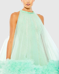Green High Neck Gathered Tulle A-Line Swing Dress