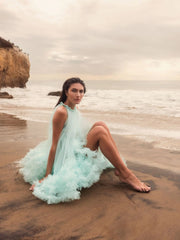 Green High Neck Gathered Tulle A-Line Swing Dress