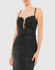 Black Embroidered Sleeveless Plunge Neck Trumpet Gown