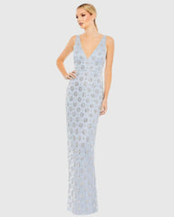 Blue Embellished Sleeveless V Neck Gown