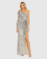 Silver Asymmetrical One Shoulder Sequin Gown