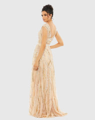 Beige Cap Sleeve Embellished Evening Gown