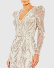 Beige Embellished Puff Sleeve V Neck Gown