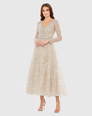 Nude Embellished Wrap Over Long Sleeve Midi Dress