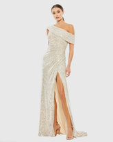 Beige Sequined Drop Shoulder Gown