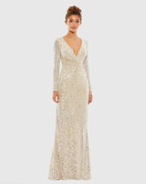 Beige Sequined Faux Wrap Long Sleeve Column Gown