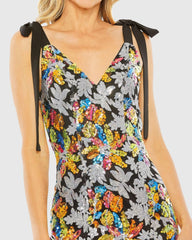 Black Embellished Bow Strap V Neck Column Gown