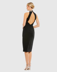 Black Open Back Jeweled Halter Midi Dress
