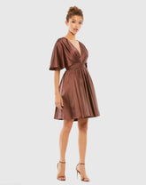Brown Satin Flowy Cape Sleeve Mini Dress