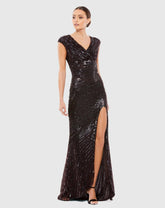 Brown and Black Embellished Cap Sleeve Evening Gown