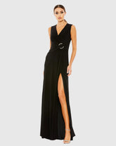Black Draped Side Knot Jersey Gown w/ Rhinestone Ring