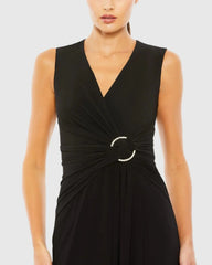 Black Draped Side Knot Jersey Gown w/ Rhinestone Ring