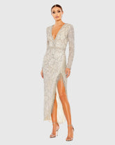 Silver Embellished Long Sleeve V Neck Beaded Hem Gown