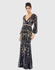 Navy Embellished Wrap Over Bishop Sleeve Gown